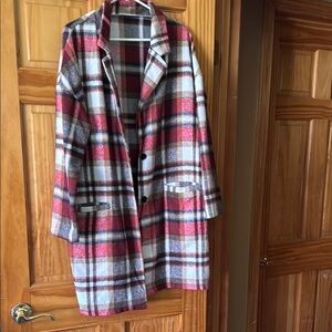 SHEIN Red and Gray Pea Coat Classic Plaid Design